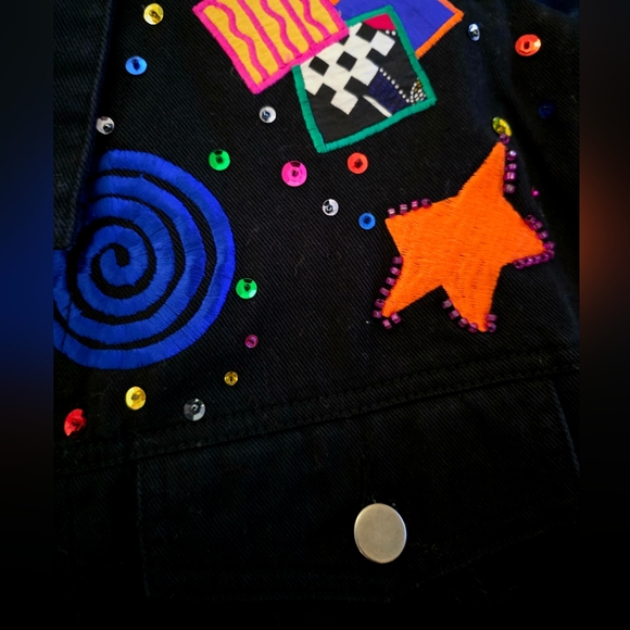📣 Vintage 90s Carole Little Petites Cropped🌈 Embroidery 🖤 Denim Jacket 8P 😍 - Picture 6 of 6